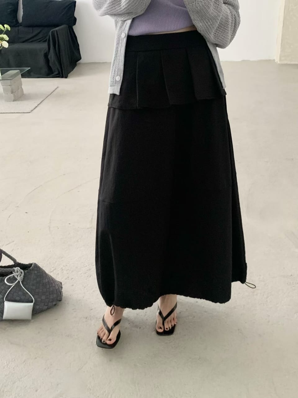 Dusty blue skirt worn front view