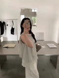蒂绻系带无袖上衣 - 浅灰蓝镜子摔全身穿搭