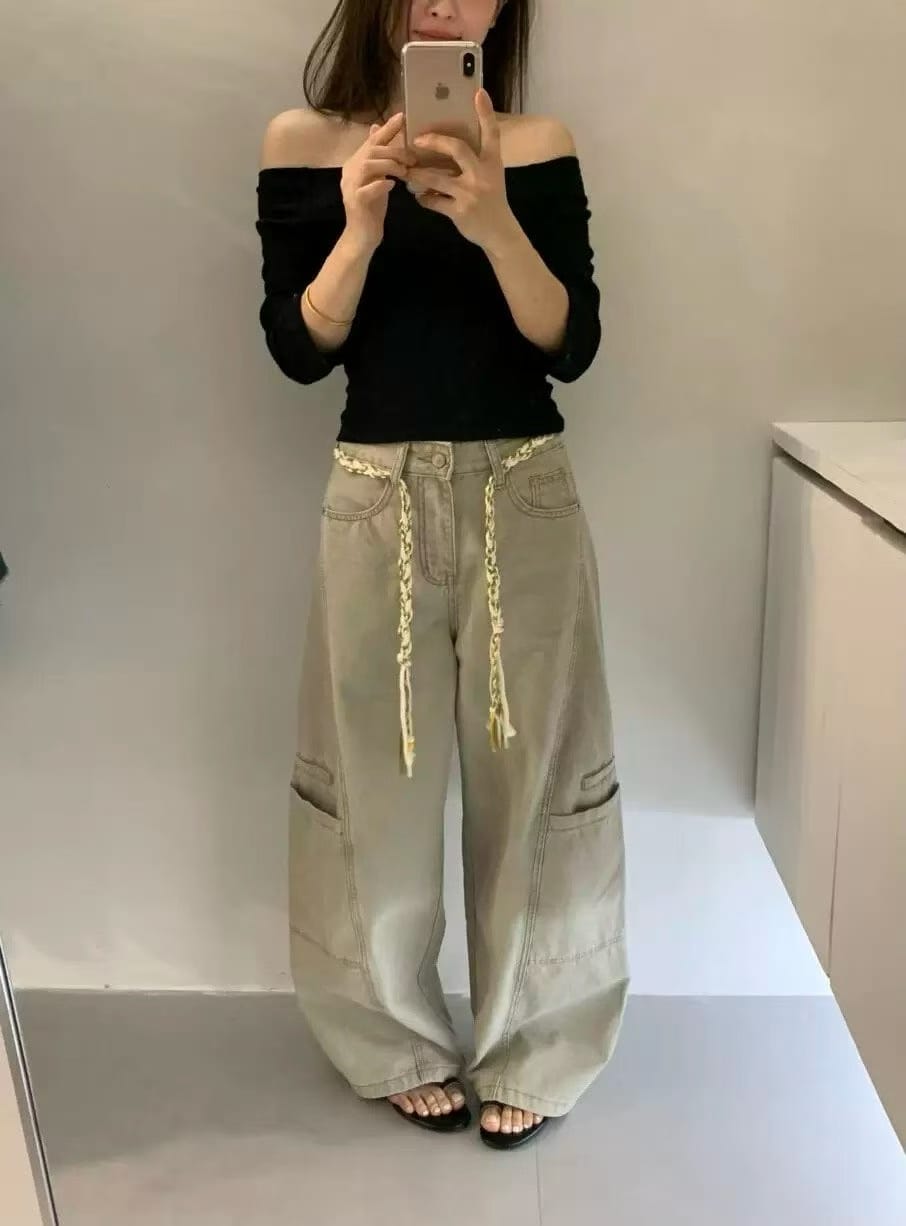 工装阔腿牛仔裤 - 正面全身镜子摔