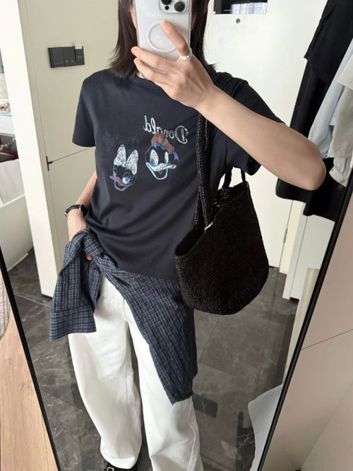 Donald Duck T恤 - 深灰色镜子摔配格子裤