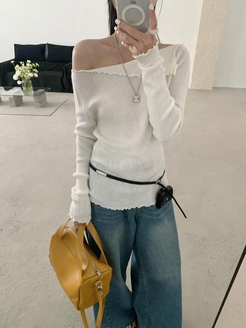White off-shoulder ribbed knit top - mirror selfie with wide-leg jeans and yellow bag