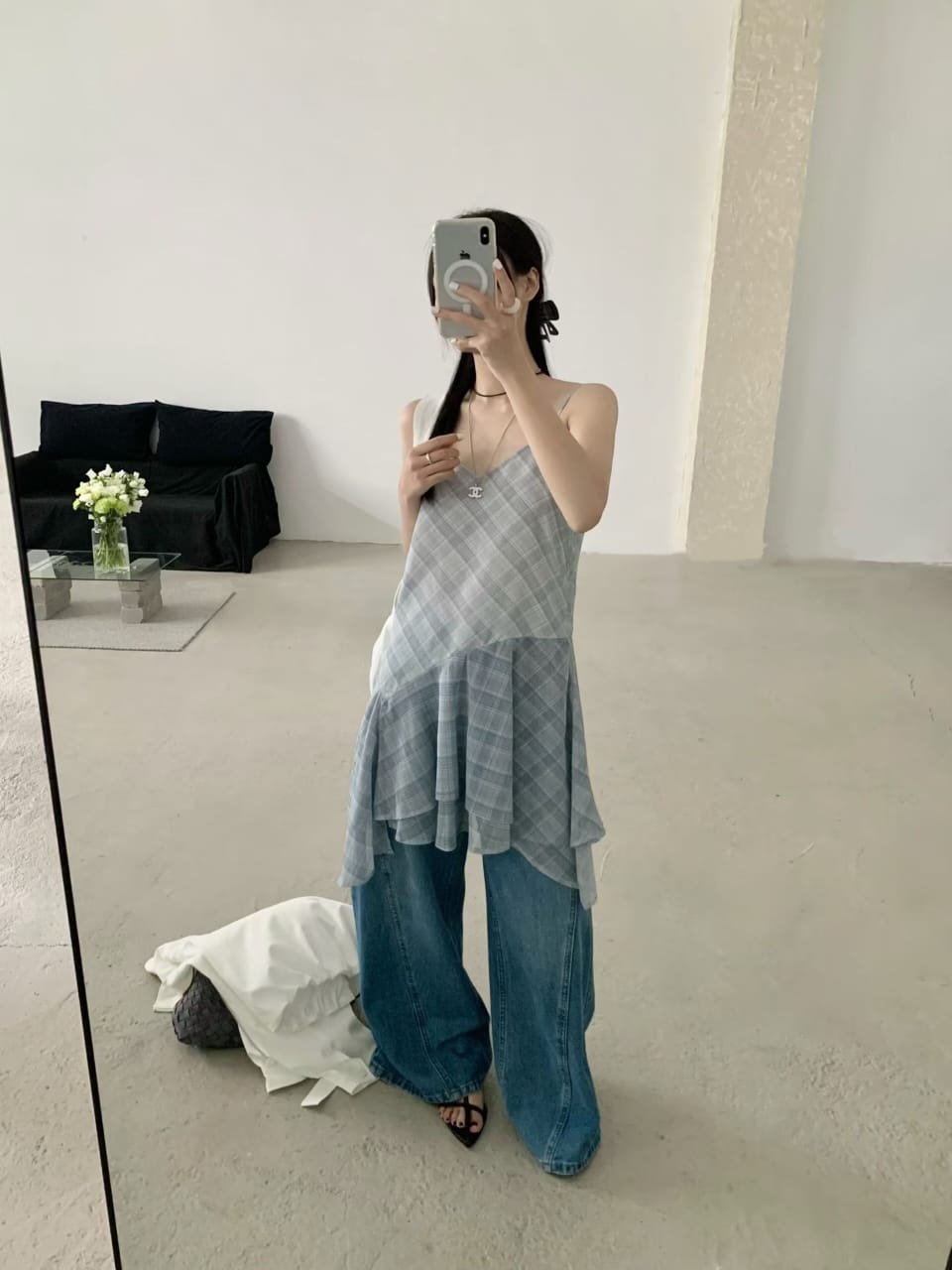 Blue grey plaid slip dress - hanger shot