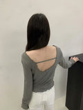 韩系圆领荷叶边修身长肖针织上衣 - 深灰款实人镜子摔正面配白色阔腿裤