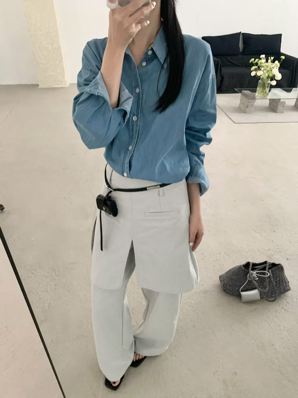 Light blue denim shirt - full outfit mirror shot with white wide-leg pants