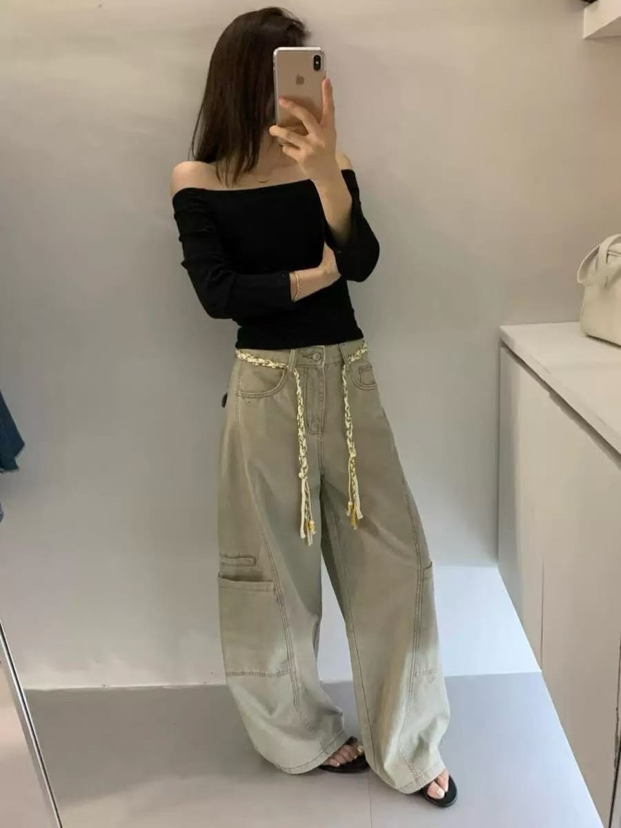 工装阔腿牛仔裤 - 侧面45度全身镜子摔