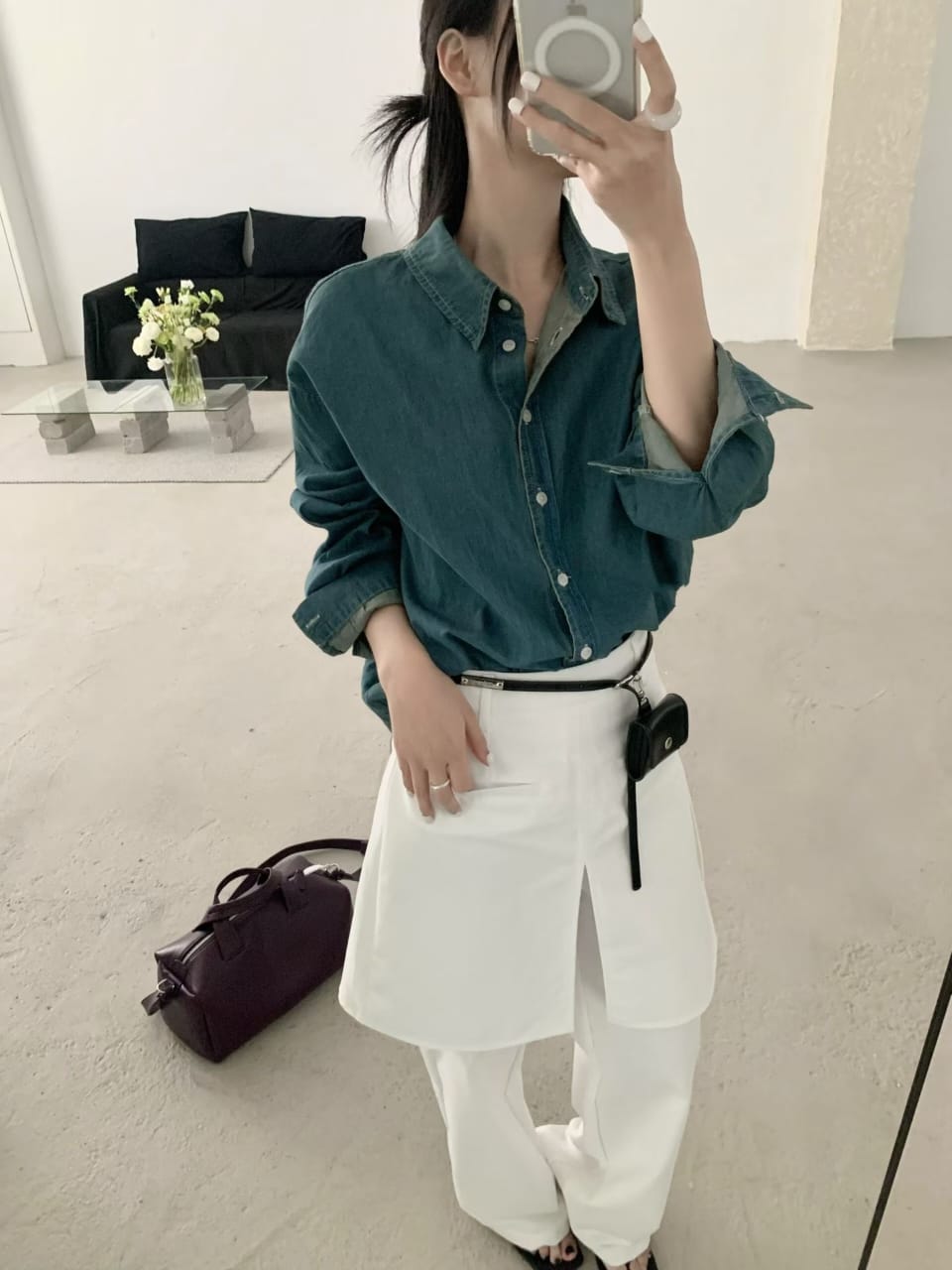 Deep teal denim shirt - front detail outfit shot